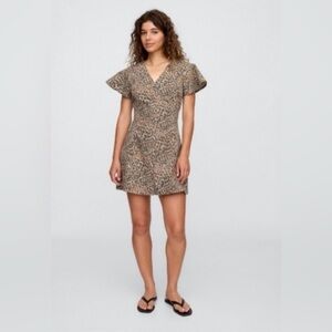 Gap Leopard Print Flutter Sleeves BoHo Button-Front Denim Mini Dress NWOT L